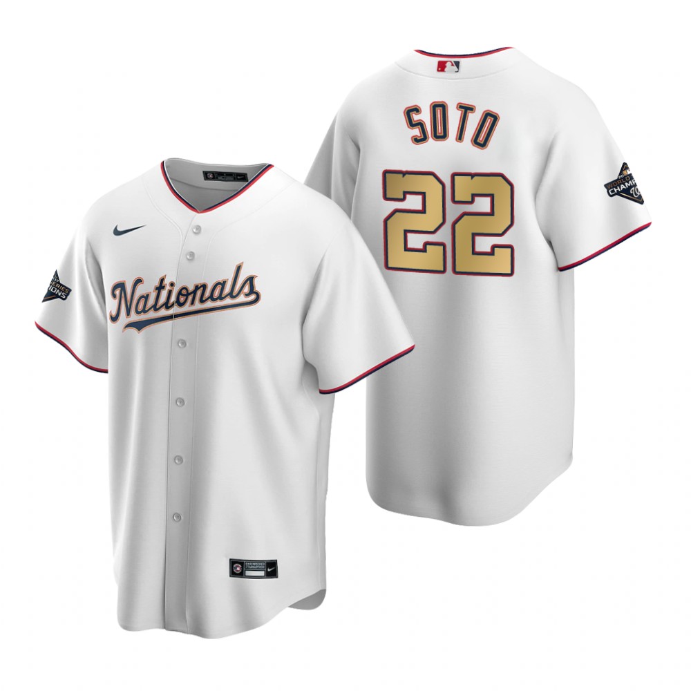 Men's Washington Nationals #22 Juan Soto White MLB 2020 Gold Program Stitched Championship Jersey